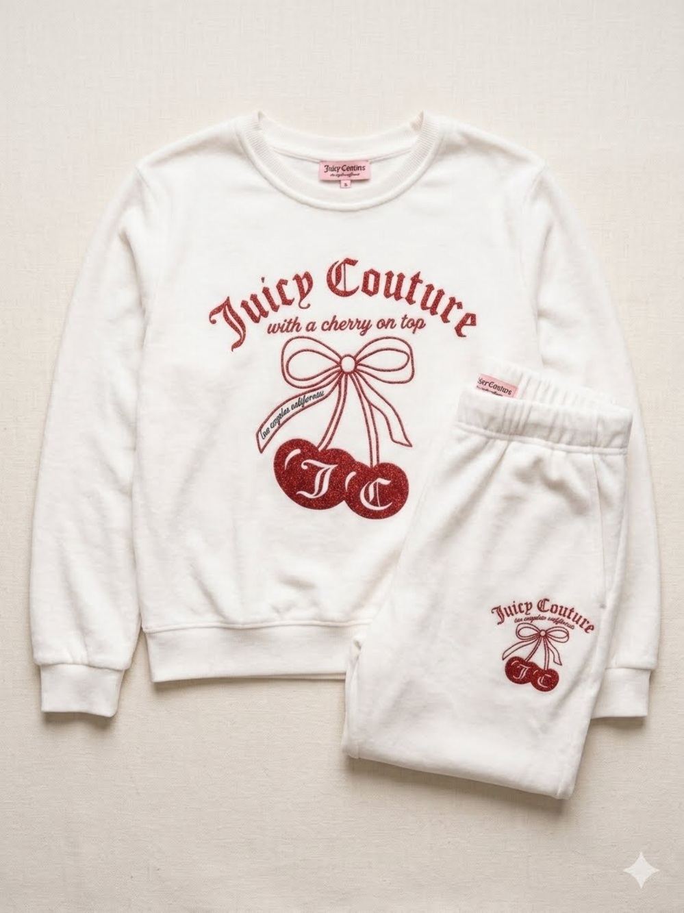 Juicy Couture White Cherry On Top Sweatsuit Set Size Large Y2K Co-ord Streetwear